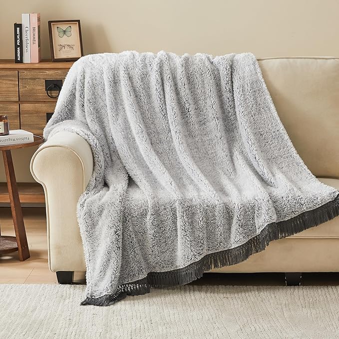 EMME Fuzzy Blanket Soft Fleece Throw Blankets for Women, Fluffy Sherpa Throws(Tassel Grey,60"x80")