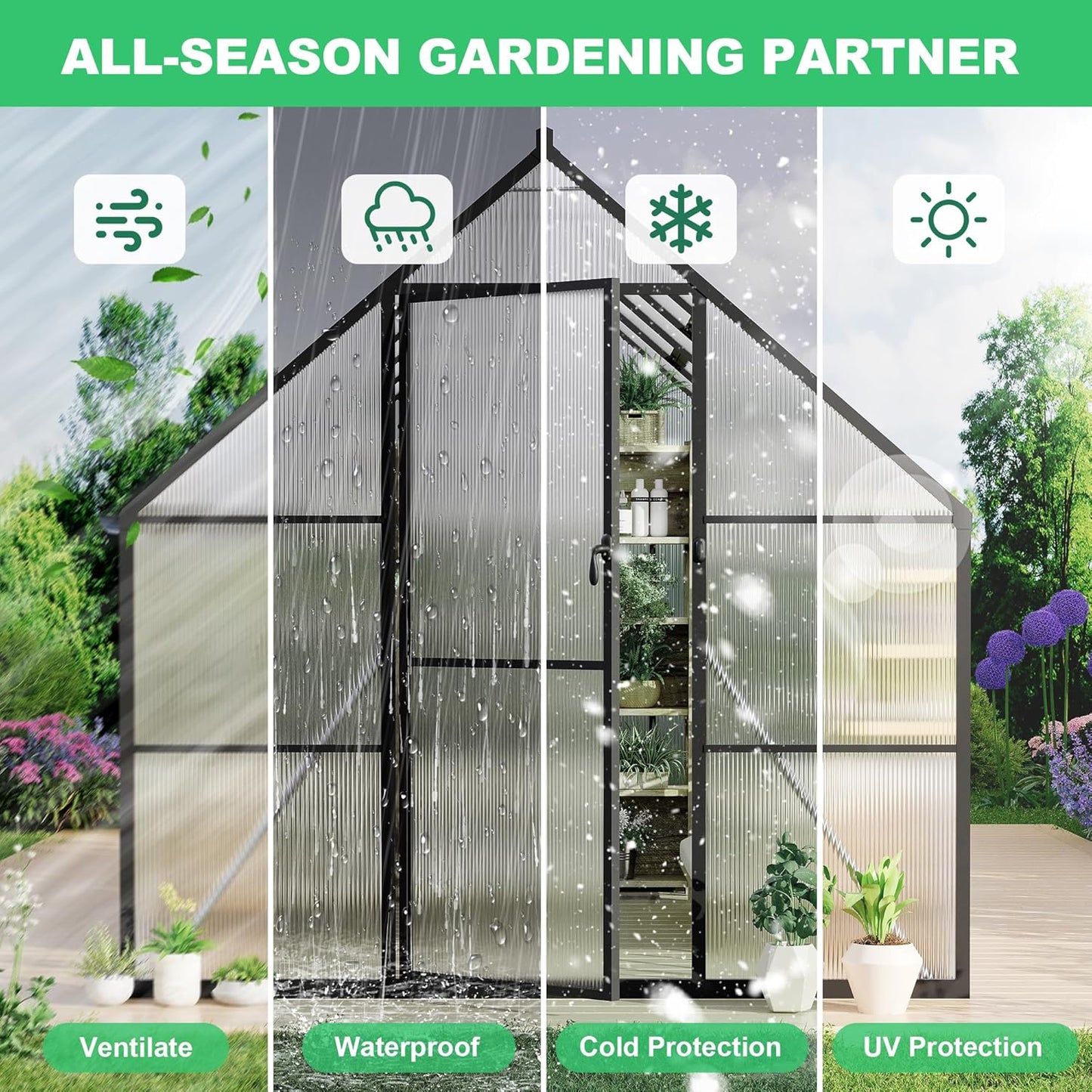 8'x12' Aluminum-Framed Polycarbonate Greenhouse, Heavy Duty Polycarbonate Greenhouse with Quick Setup Structure and Roof Vent, Large Enhanced Aluminum GreenhouseKit for Outdoors