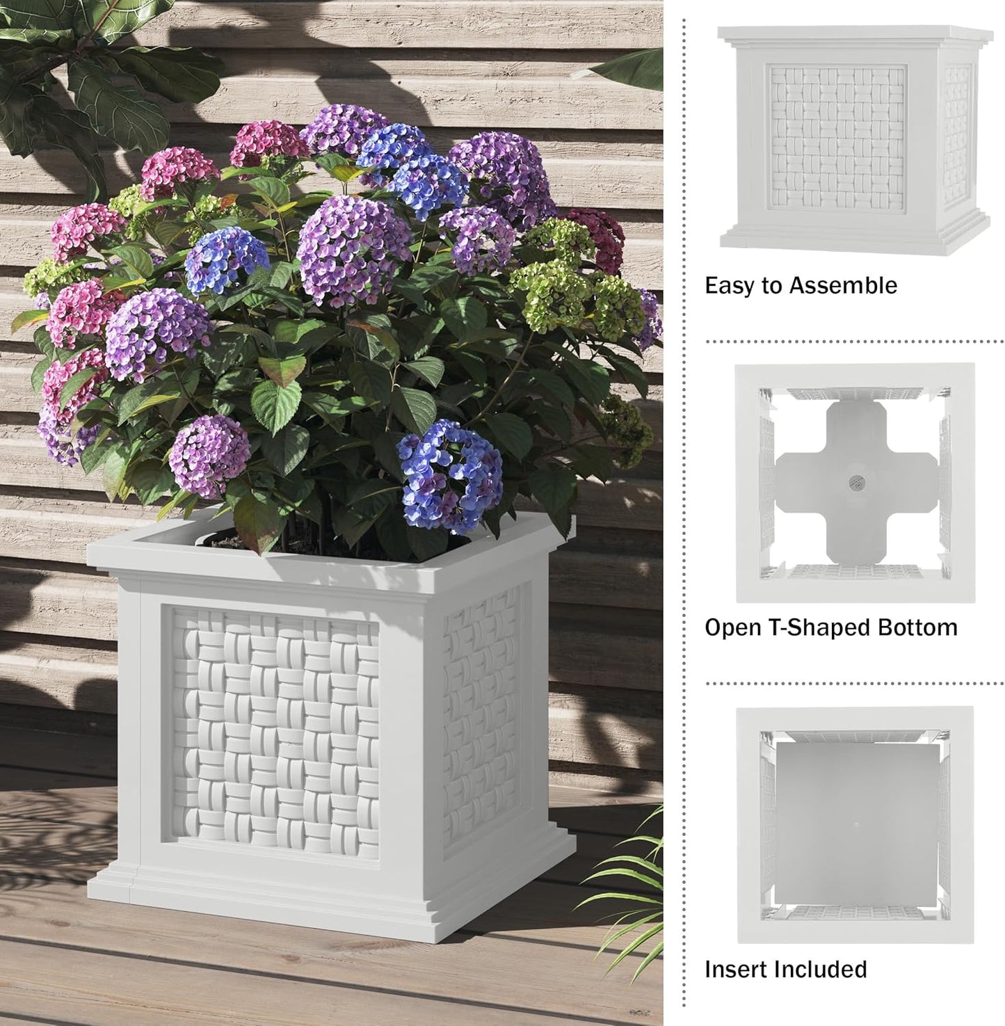 Pure Garden Rattan Style Outdoor Planter Box - 14.65-Inch-Square Decorative Flower or Plant Pot - Garden, Patio and Front Porch Decor (White)