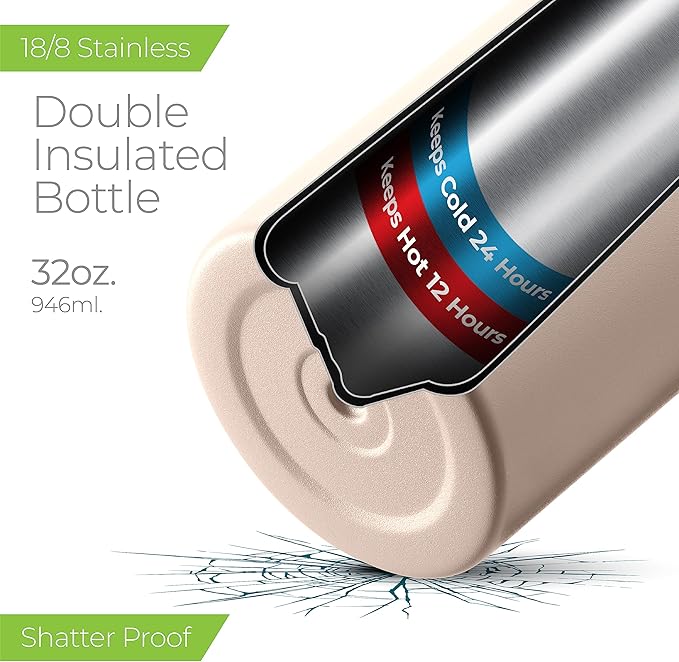 SipX™ Triple-Insulated Stainless Steel Water Bottle 32oz. With 3 Lids, BPA-Free Reusable Insulated Water Bottle Keeps Cold 24 Hours, Metal Water Bottle Made Of Sustainable Material For Hiking & Biking