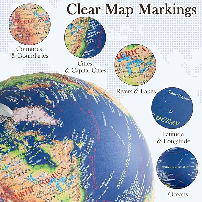 COSTWAY 12” Illuminated World Globe, Geography Educational Globe with Built-in LED Night Light, Wooden Stand, Clear Map for Kids & Adults Learning, Desktop Globes for Students, Decoration (Navy)