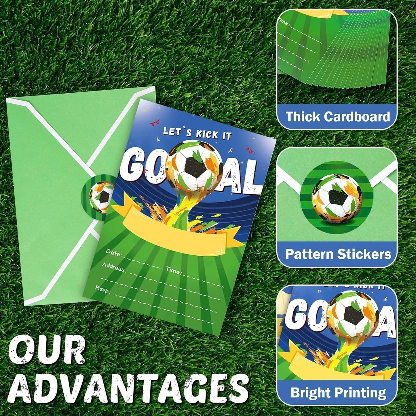 WERNNSAI 24 Set Soccer Birthday Invitations with Envelopes - Soccer Ball Birthday Party Supplies for Kids Boys Football Sport Blank Party Invites Cards with Goal Stickers for Bday Holiday Celebration