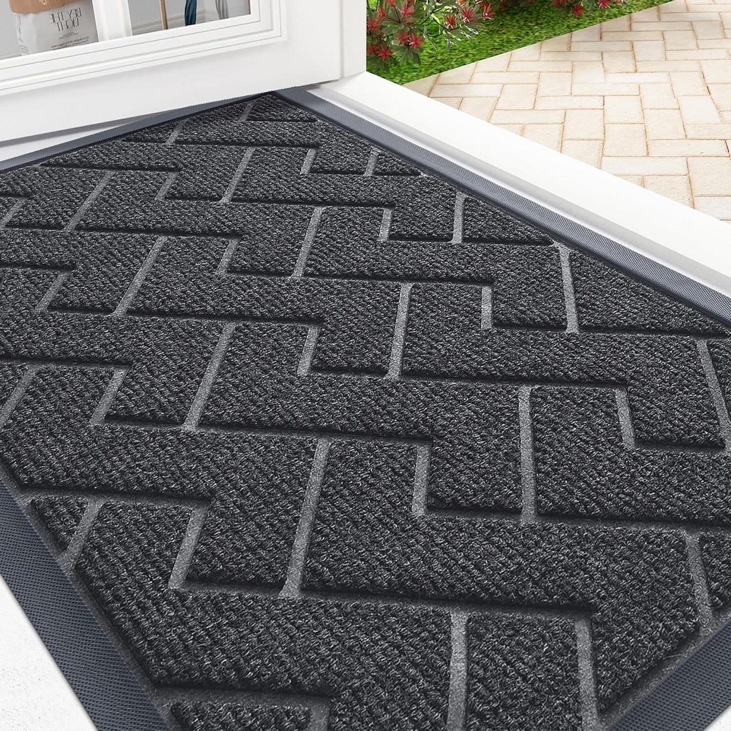 OLANLY Front Door Mat Indoor Outdoor Entrance, Waterproof All-Season, All-Weather Doormat, Sturdy Natural Rubber, Low Profile, Easy Clean Patio Porch Entryway Mat, Herringbone Brick (Grey, 71x23)