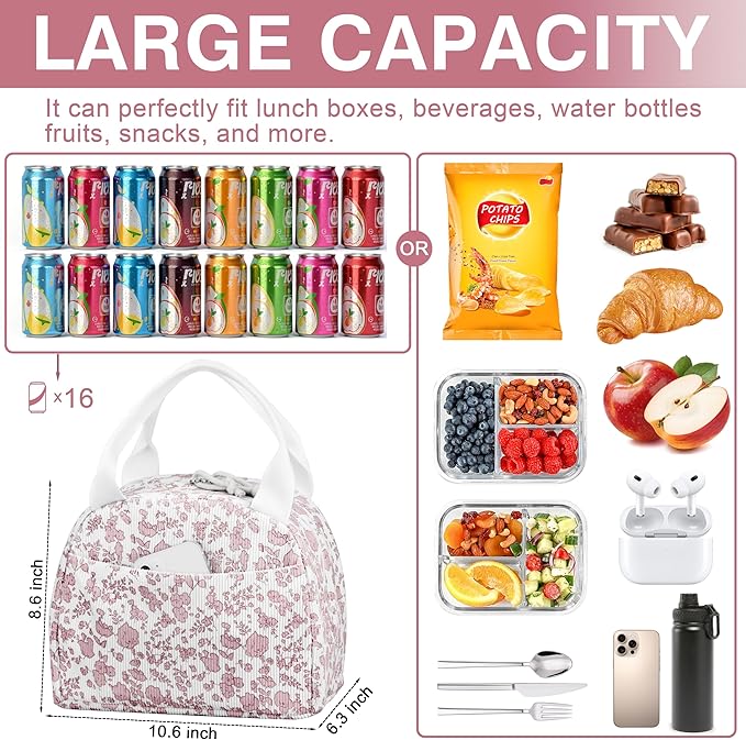 Lunch Bag - Insulated Lunch Box for Women, Reusable Large Capacity Cooler Bag for Adult, Small Leakproof Cute Corduroy Lunch Tote for Work Office Travel Picnic (Corduroy Pink-Flower)