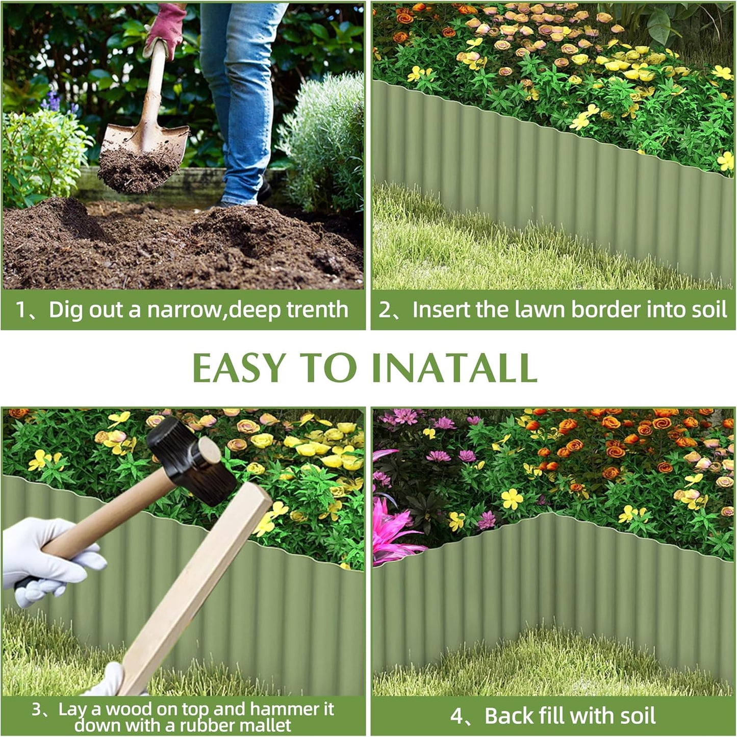 Metal Garden Edging Border, Corrugated Steel Landscaping, DIY for Lawn (Green, 8 Inch x 20FT)