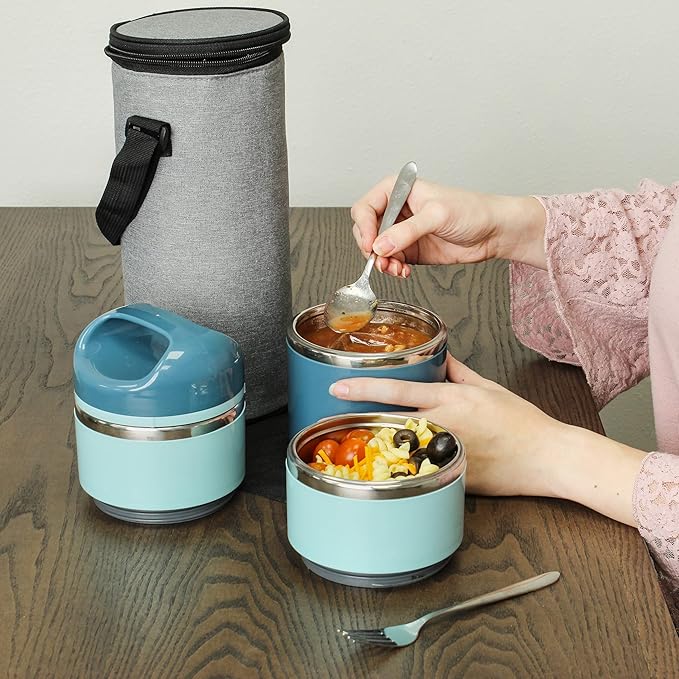 7Penn Insulated Lunch Box Containers 43 oz Capacity - 3 Tier Stackable Stainless Steel Thermal Lunch Box - Keep Warm Cylinder Adult Portable Insulated Lunch Container Set for Hot Food on the Go