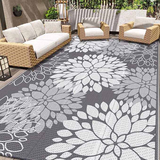 LuxStep Outdoor Rug Waterproof Outdoor Plastic Straw Rug Reversible Patio Rug Mat Outdoor Decor Large Area Mats for RV, Picnic, Backyard, Deck, Balcony, Porch, Beach, Camping, 6'x 9',Grey