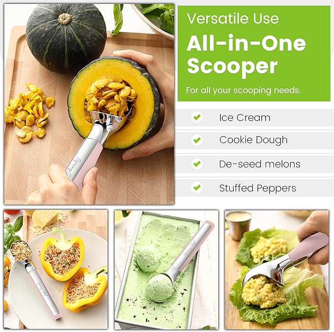 Spring Chef Heavy Duty Metal Ice Cream Scoop - Dishwasher Safe Ice Cream Scooper, Commercial Icecream Scoop Spade, Professional Kitchen Tool for Gelato, Melon, Sundae, Cookie Spoon - Pink Lemonade