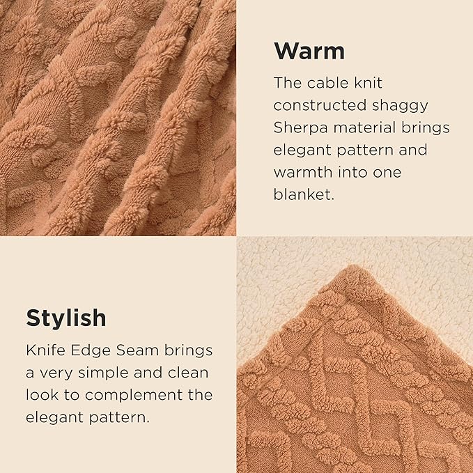 Bedsure Sherpa Fleece Throw Blanket for Couch - GentleSoft Fluffy & Cozy Cable Jacquard Tufted Throw for Women Gift, Thick and Warm Blankets for Winter, Light Brown, 50x60 Inches