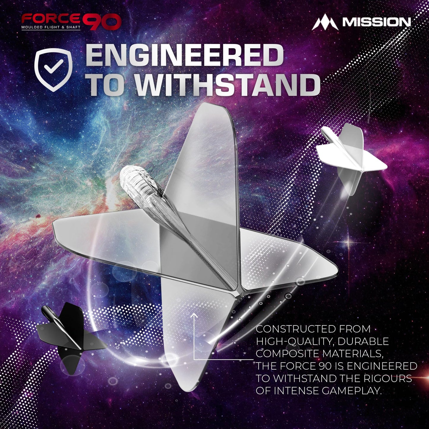 Mission Darts Force 90 | Integrated Precision Moulded Dart Flight And Shaft System  Pack Of 3 Professional Highly Durable 2-In-1 Combined Dart Flights And Stems | Slim (Clear  Medium)  Transparent