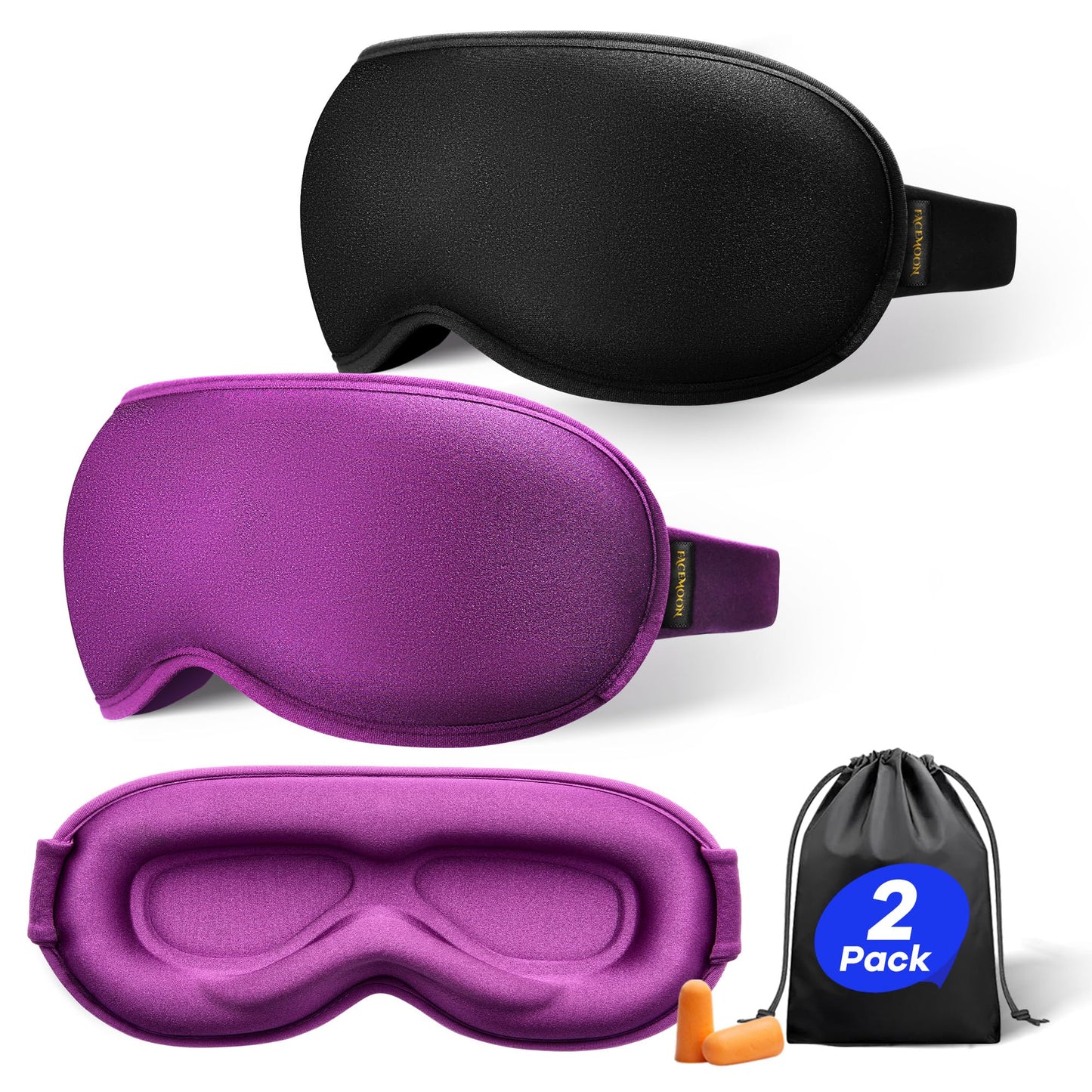 Weighted Sleep Mask 2 Pack - 3D Contoured Eye Masks for Sleep, Best Blackout Sleep Masks for Women Men, Eye Mask for Travel, Meditation, Airplane, Memory Foam, Adjustable Strap, Black Purple