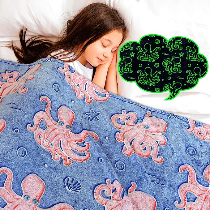 Octopus Blanket Twin Size Glow in The Dark Ocean Blanket Soft Octopus Gifts Toys Decor Blue Fleece Kids Throw for Christmas Birthday