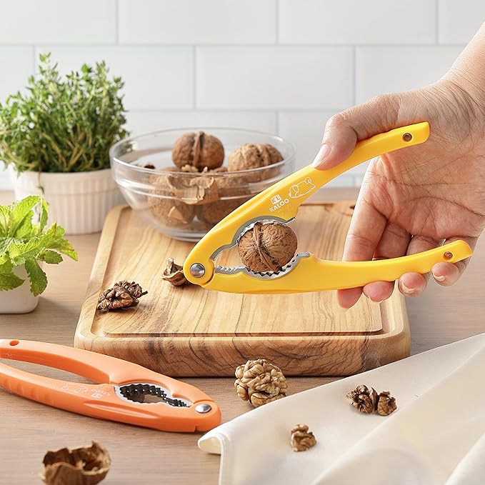 2PCS NutCracker, Kaloo Stainless Steel Nut Crackers for All Nuts, Nutcracker Tool for Walnet, Pencan, Chestnut, Crab, Lobster and More, Ergonomic Handle (Unique Pattern, Orange + Yellow)