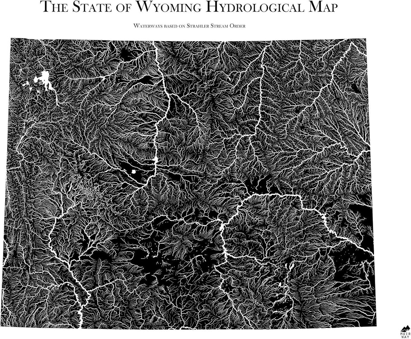 Muir Way Hydrological River Map of Wyoming - Watershed Topographic Wall Art for Home, Office, or Travel Decor - Unframed Flat Paper Print, 18x24