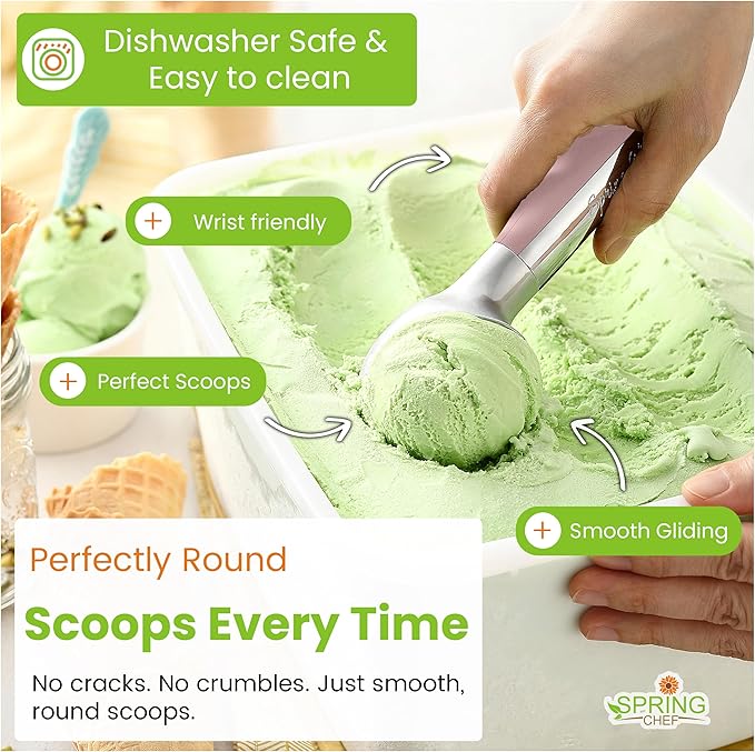 Spring Chef Heavy Duty Metal Ice Cream Scoop - Dishwasher Safe Ice Cream Scooper, Commercial Icecream Scoop Spade, Professional Kitchen Tool for Gelato, Melon, Sundae, Cookie Spoon - Pink Lemonade