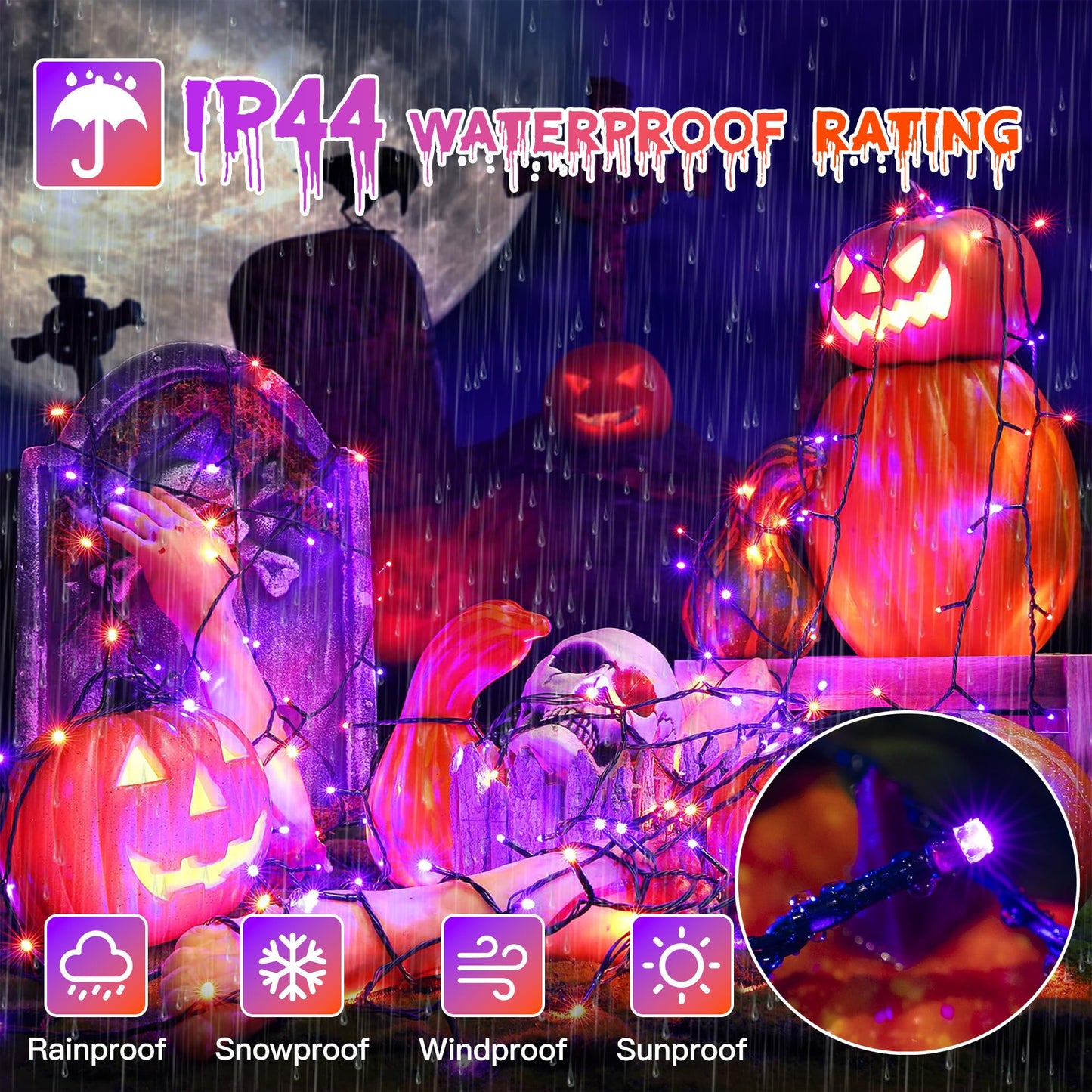 Guhope 33Ft 100 Led Halloween Lights  Orange + Purple Halloween Lights Outdoor With 8 Lighting Modes  Waterproof String Lights For Halloween Christmas Outdoor Party Yard Garden Decoration