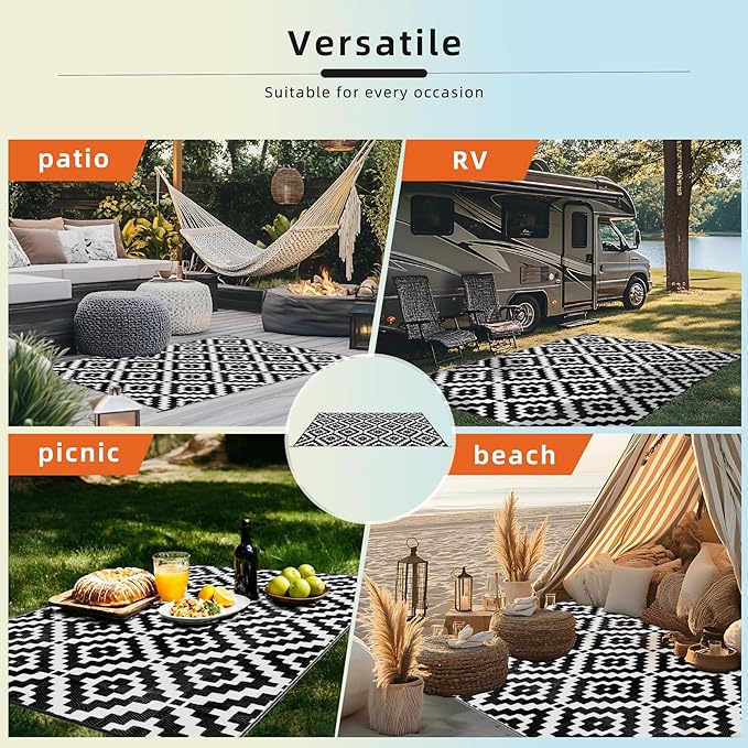 Favoyard Outdoor Rug 9x12 ft Waterproof Reversible Patio Plastic Straw Rugs for Decor Clearance Outside Large RV Camping Area Carpet Mat for Porch Deck Balcony Pool Backyard Picnic Beach Camper Door