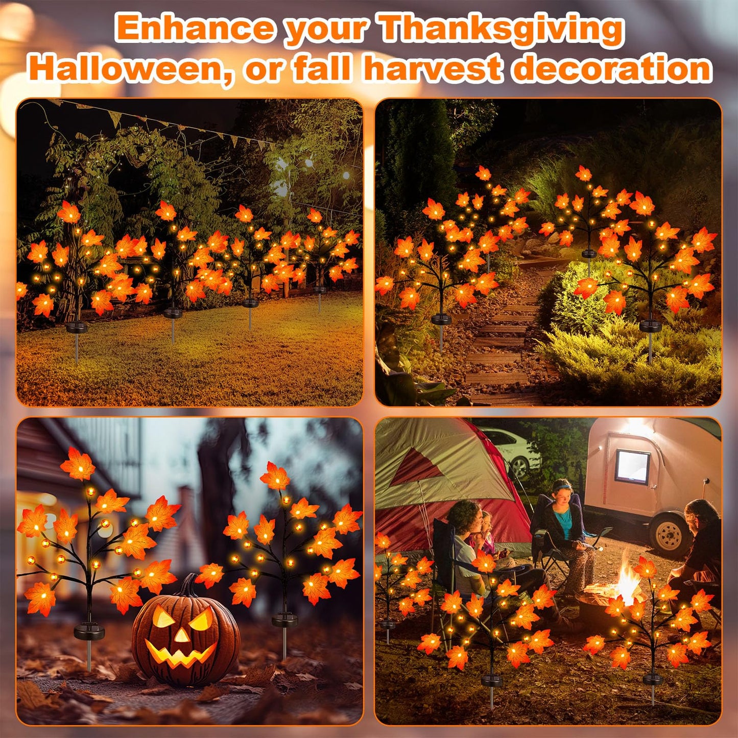 Rossesay 4 Pack Outdoor Fall Solar Lights Decorations Thanksgiving Waterproof Orange Maple Leaf Lights  Autumn Artificial Tree For Halloween Christmas Party Yard Garden Decor  10 Led 8 Modes