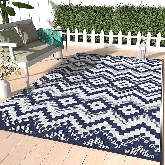 GENIMO Outdoor Rug Waterproof 6x9 ft, Lightweight Plastic Straw Rugs, Outside Reversible Area Mat Carpet for Patio, Camping, RV, Deck, Balcony, Porch, Backyard, Blue & White