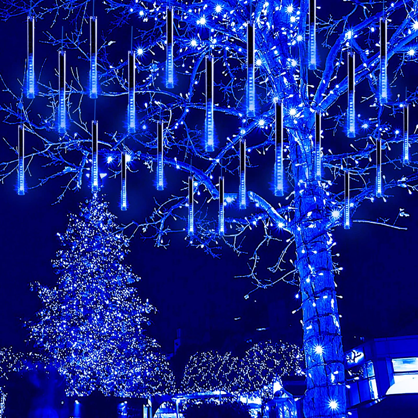 Kwaiffeo Blue Icicle Christmas Lights Outdoor  16 Tubes(Equivalent To 2 Sets Of 8-Tubes) Led Meteor Shower Lights For Xmas Halloween Decor Yard Lawn  Outdoor Lighted Christmas-Themed Ornaments