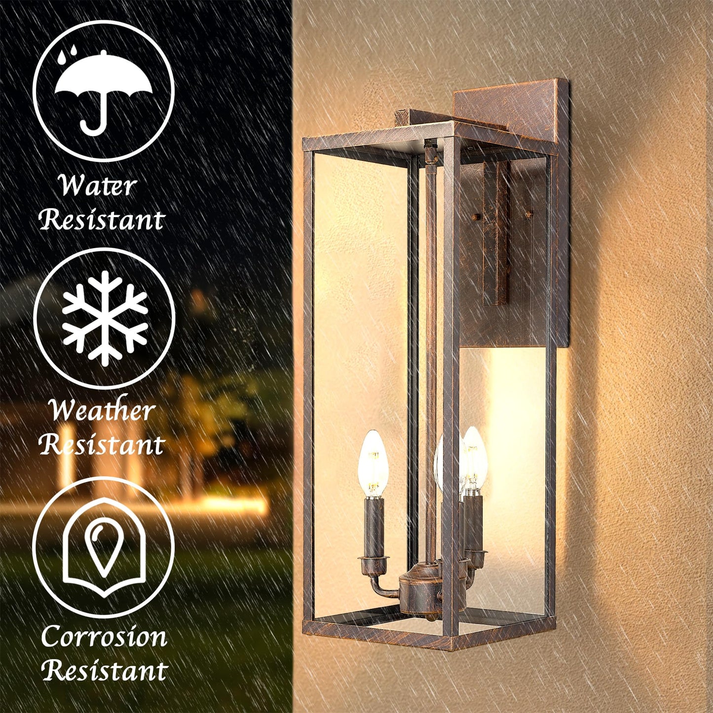 Bestshared Outdoor Wall Lantern, 24in Tall, Metal, Rust, Model 4176, Clear Glass, Anti-Rust, Exterior Lighting Fixture for Porch/Patio