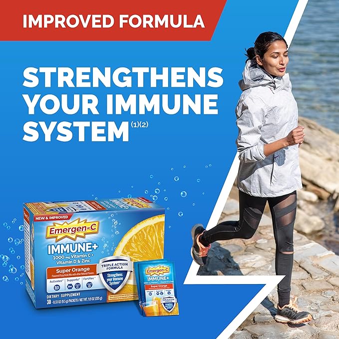 Emergen-C Immune+ Triple Action Immune Support Powder, BetaVia (R), 1000mg Vitamin C, B Vitamins, Vitamin D and Antioxidants, Super Orange – 30 Count (Pack of 1)