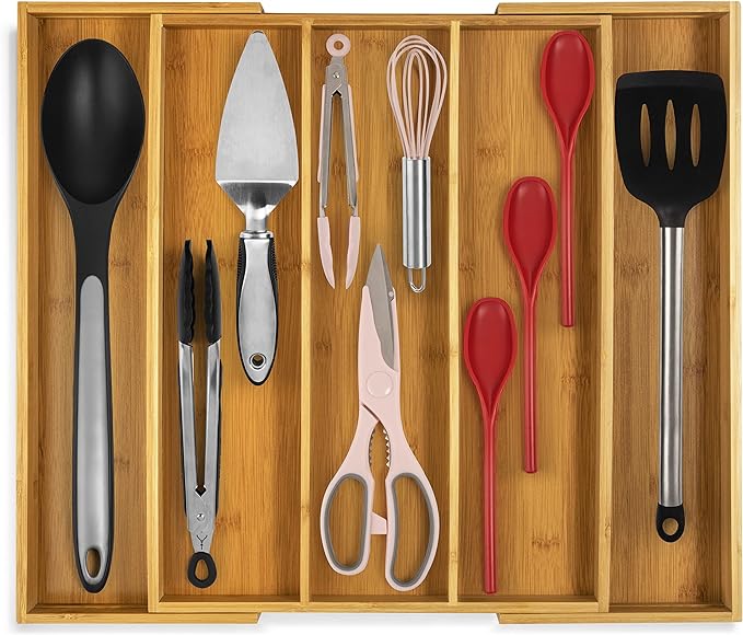 Purawood 2 PACK Large Premium Bamboo Silverware Organizer - Expandable Kitchen Drawer & Utensil Organizer, 17.5" x 19.75" Cutlery Tray with Drawer Dividers for Kitchen Flatware…