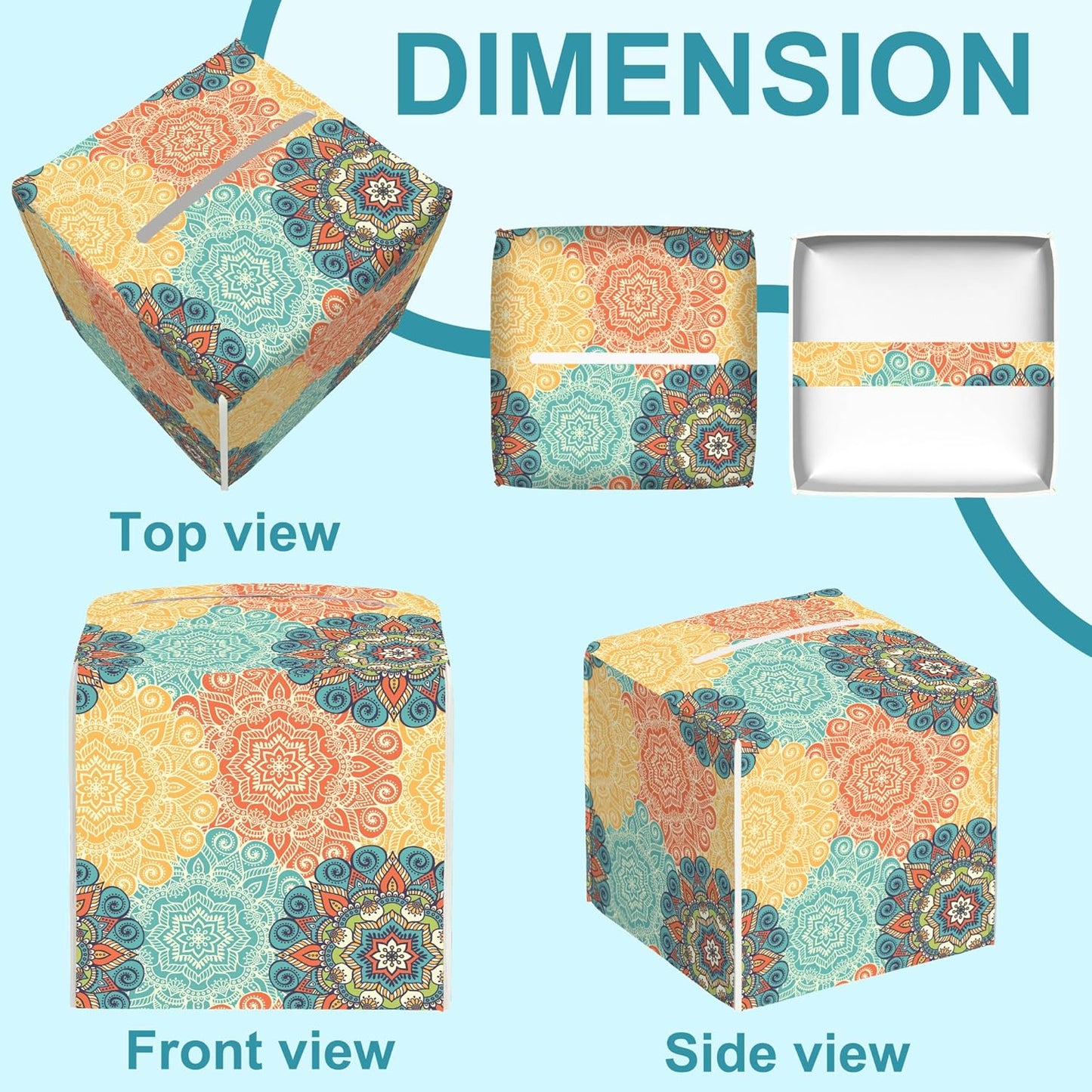 Vintage Floral Motifs Tissue Box Cover Square,Leather Tissue Holder with Bottom Belt,Waterproof Leather Facial Paper Organizer Tissue Box Cover for Office Bathroom Vanity Countertop,5.2" x 5.2" x 5.2"