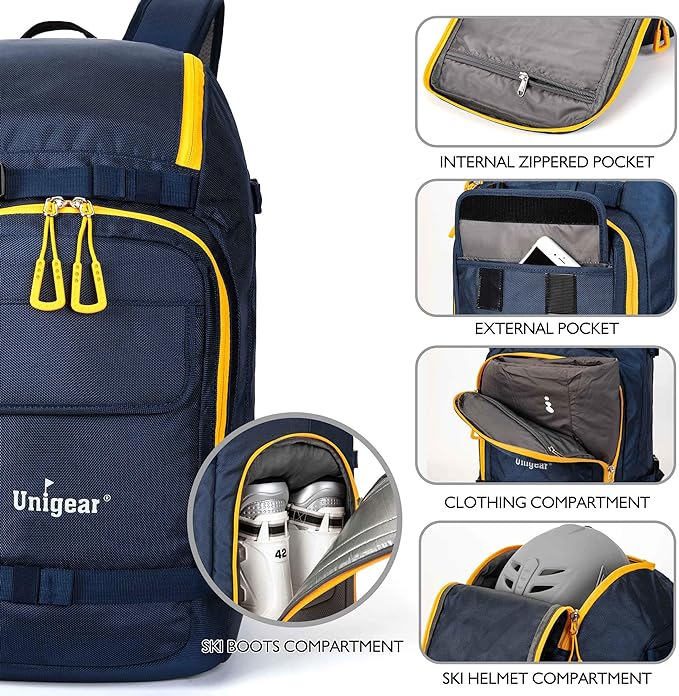 Unigear Ski Boot Bag, 50L Ski Boot Travel Backpack for Ski Helmet, Goggles, Gloves, Skis, Snowboard & Accessories (Blue)