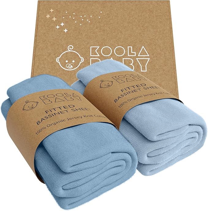 Bassinet Fitted Sheets - Compatible with 4moms MamaRoo Sleep Bassinet | 100% Organic Jersey Cotton - Light Blue + Dark Blue | 30x18 (2 Pack)