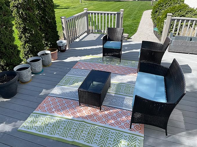 BalajeesUSA Outdoor Plastic Patio Rugs – 5x7 ft Green,Orange,Multipurpose,Woven Plastic Straw, All-Weather and Waterproof, Reversible Camper mat Sports Camp Backyard Picnic 711