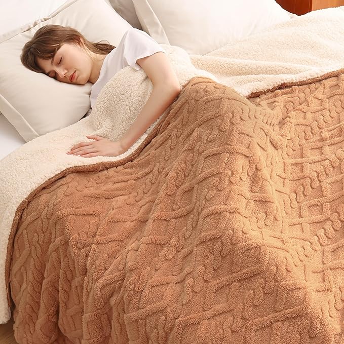 Bedsure Sherpa Fleece Throw Blanket for Couch - GentleSoft Fluffy & Cozy Cable Jacquard Tufted Throw for Women Gift, Thick and Warm Blankets for Winter, Light Brown, 50x60 Inches