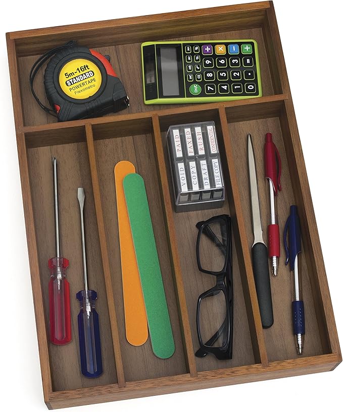 Lipper International 1076 Acacia Wood Flatware Organizer with 5 Compartments, 10-1/4" x 14" x 2"