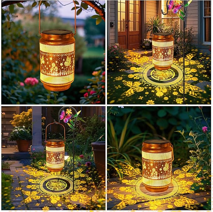 2 Pack Butterfly Solar Lanterns Outdoor Waterproof Solar Garden Decor, Birthday Gifts for Christmas Women Mom Grandma, Metal Hanging Lights with Shepherd Hook for Outside Yard Patio Pathway Porch