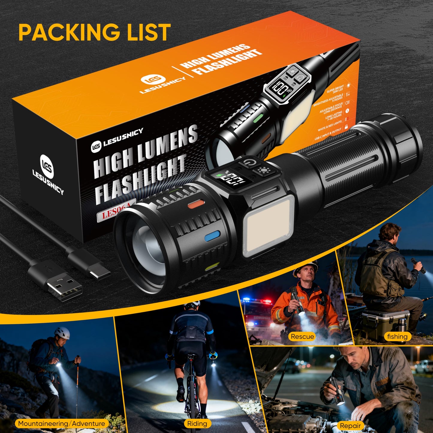 Lesusnicy Rechargeable Flashlights High Lumens 10000  Super Bright Led Flash Light Long Lasting Usb C Lcd Display  Daul Light Source & Buttons With Red Light  For Camping Hiking Emergency Home Gift