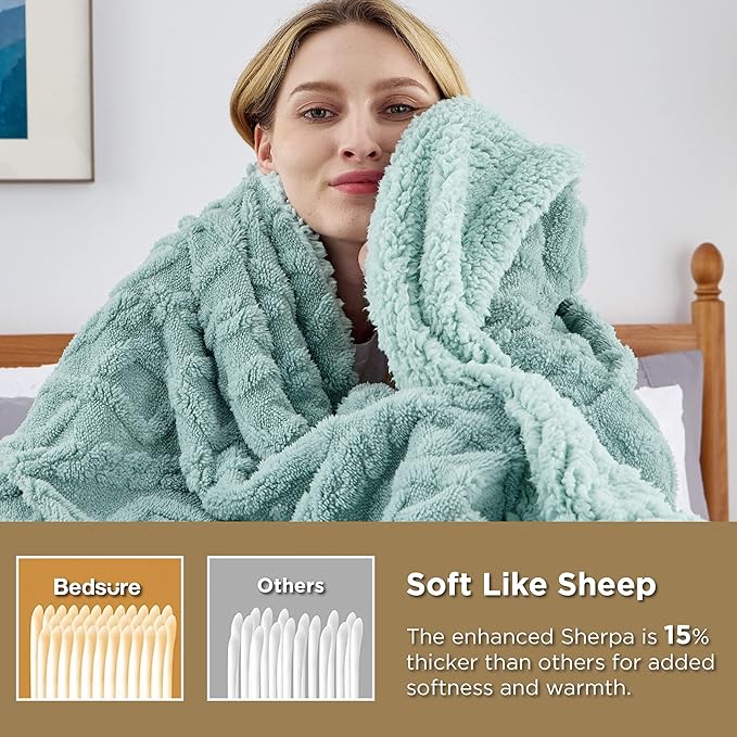 Bedsure Sherpa Fleece Blanket Twin Size for Bed - GentleSoft Fluffy & Cozy Cable Jacquard Tufted for Women Gift, Thick and Warm Blankets for Winter, Sage Green, 60x80 Inches