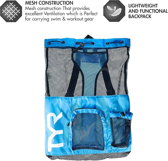 TYR Big Mesh Mummy Backpack for Swim, Gym and Workout Gear, Royal Blue, 40-Liter Capacity
