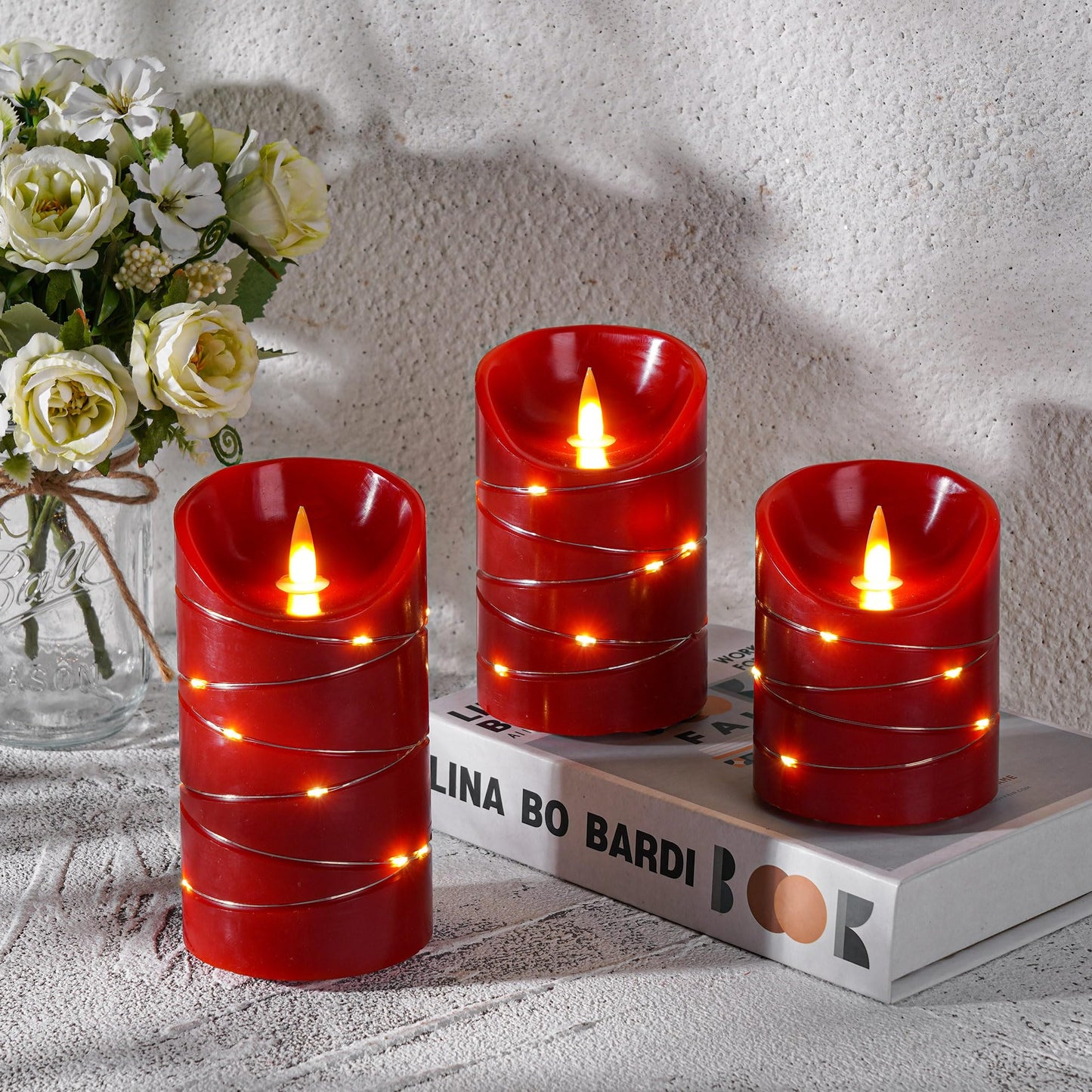 Red Rechargeable LED Flameless Candles 3-Piece Set (4/5/6 Inches) - Real Wax with String Lights, Remote Control & Timer, Safe Realistic Flames for Christmas/Halloween Holiday Home Decorations