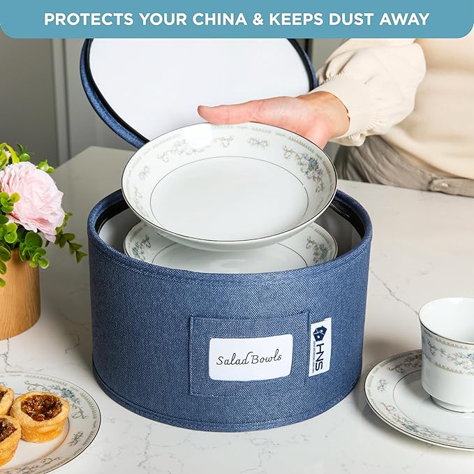 Hard Shell China Storage Containers 12-Piece Set Moving Boxes for Dinnerware, Glasses, Plates, Mugs and Saucers Sturdy Dish Organizer with Dividers for Seasonal Storage - Service for 12 - Blue
