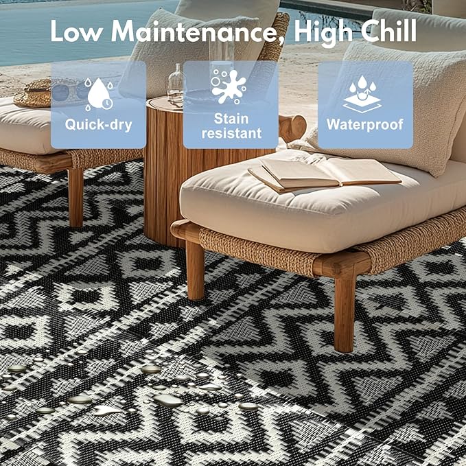 Waterproof Outdoor Rug 5x8 ft, Reversible Plastic Straw Rug, Easy to Clean Patio Rug, Portable Carpet for Patio, RV, Deck, Balcony, Backyard, Picnic, Beach, Geometric Diamond, Gray