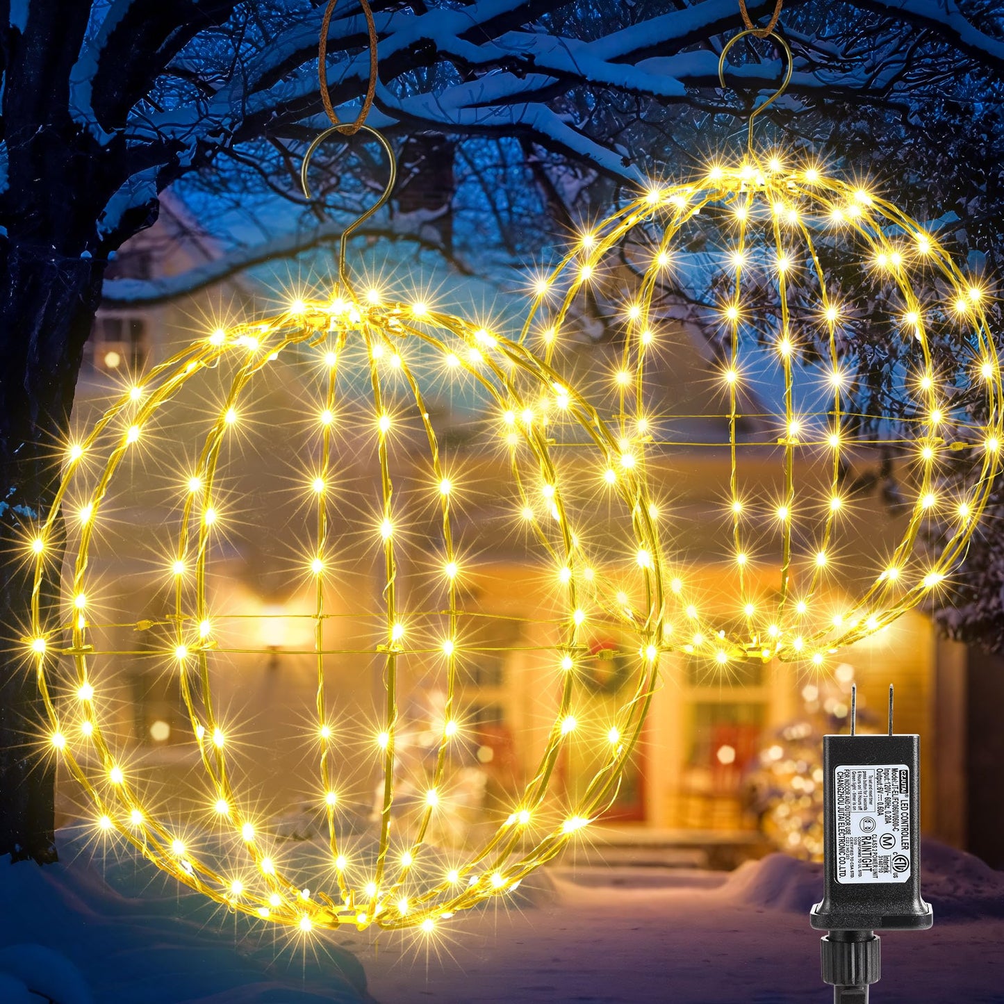 Flacchi Set Of 2 Christmas Hanging Ball Lights - 2 Sizes Of Connectable Hanging Tree Globe Fairy Lights With 8 Lighting Modes Timing Function Waterproof Indoor Outdoor (Warm White)