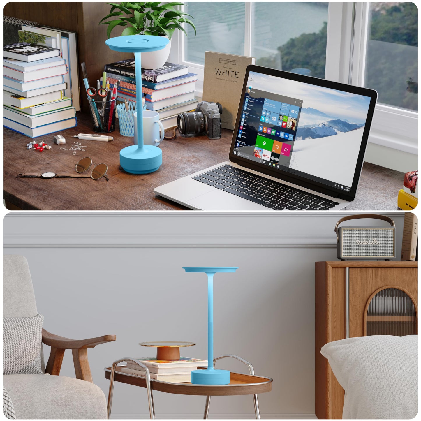 TBBGA Rechargeable Cordless Table Lamp, 5000mAh, LED, 3 Color Dimming, Aluminum, Model T106C, Blue