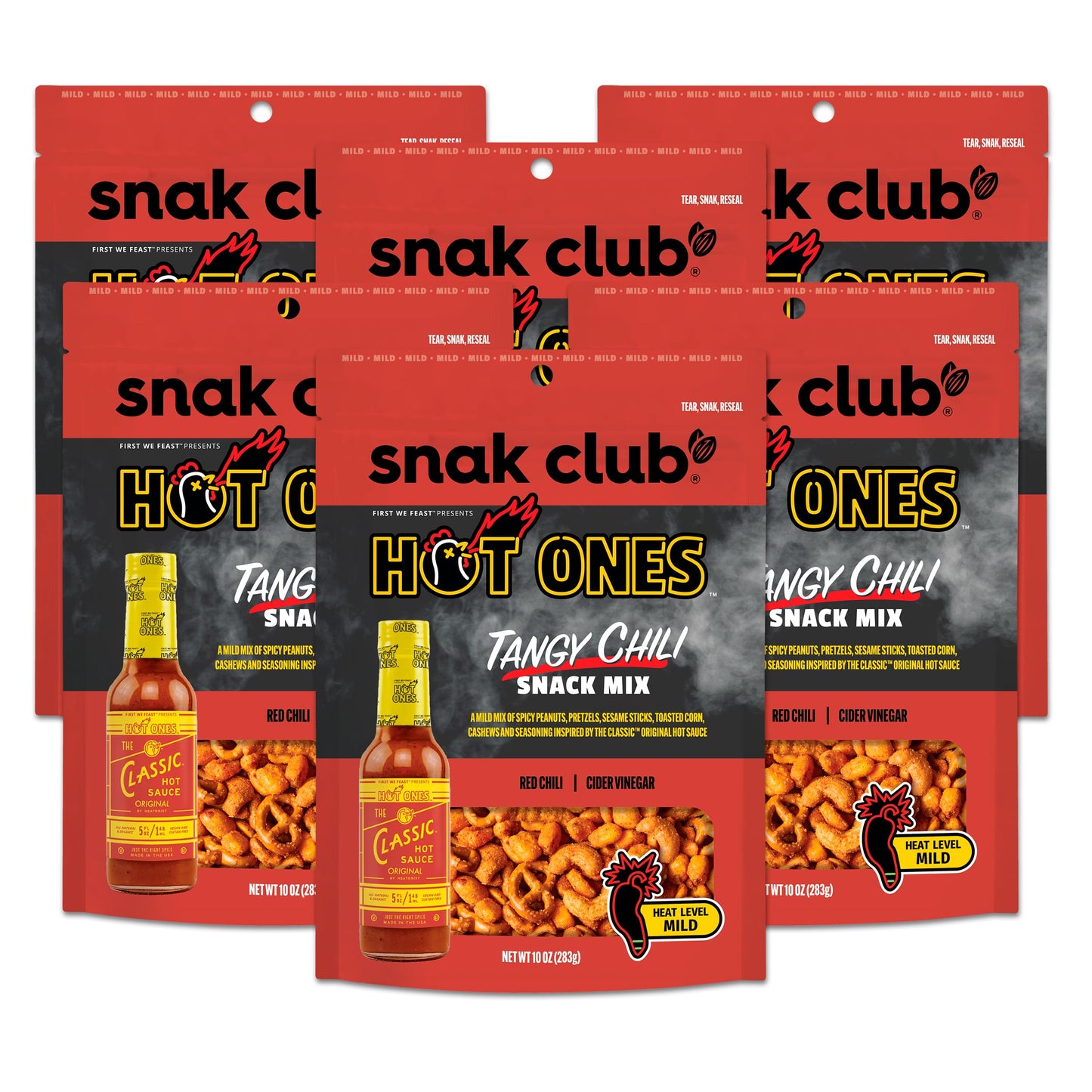 Snak Club x Hot Ones Tangy Chili Snack Mix  Mild Spicy Snacks with Peanuts  Pretzels  Sesame Sticks  Toasted Corn & Cashews  Inspired by Hot Ones Hot Sauce  10 oz Resealable Bag (6 Count)