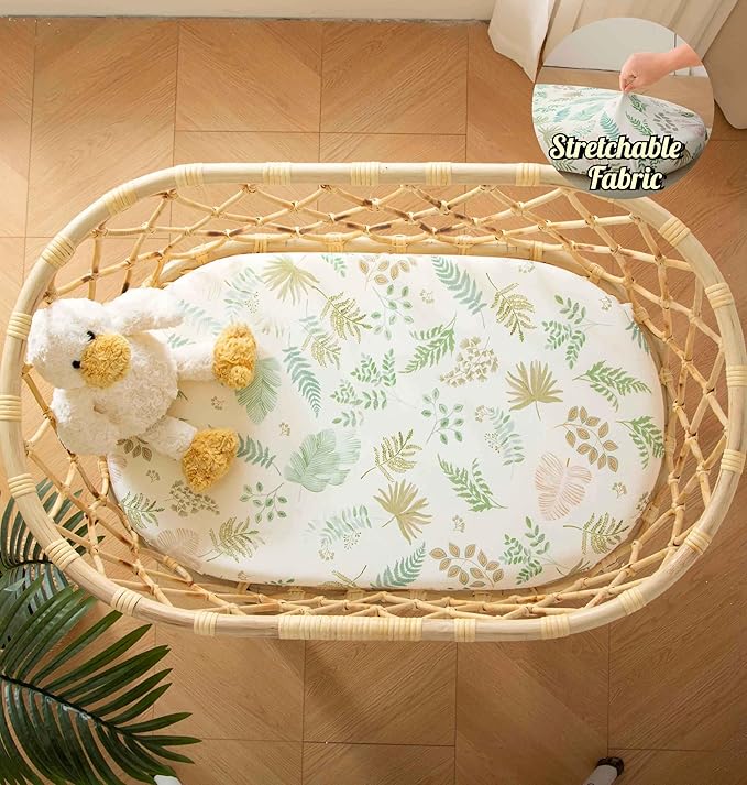 SDY 2PK Bassinet Sheets Girls Boys,Soft Microfiber Jersey Baby Bassinet Bedding 32"x16" x4" Fit Hourglass Oval Rectangle Mattress (Natural Leaves)
