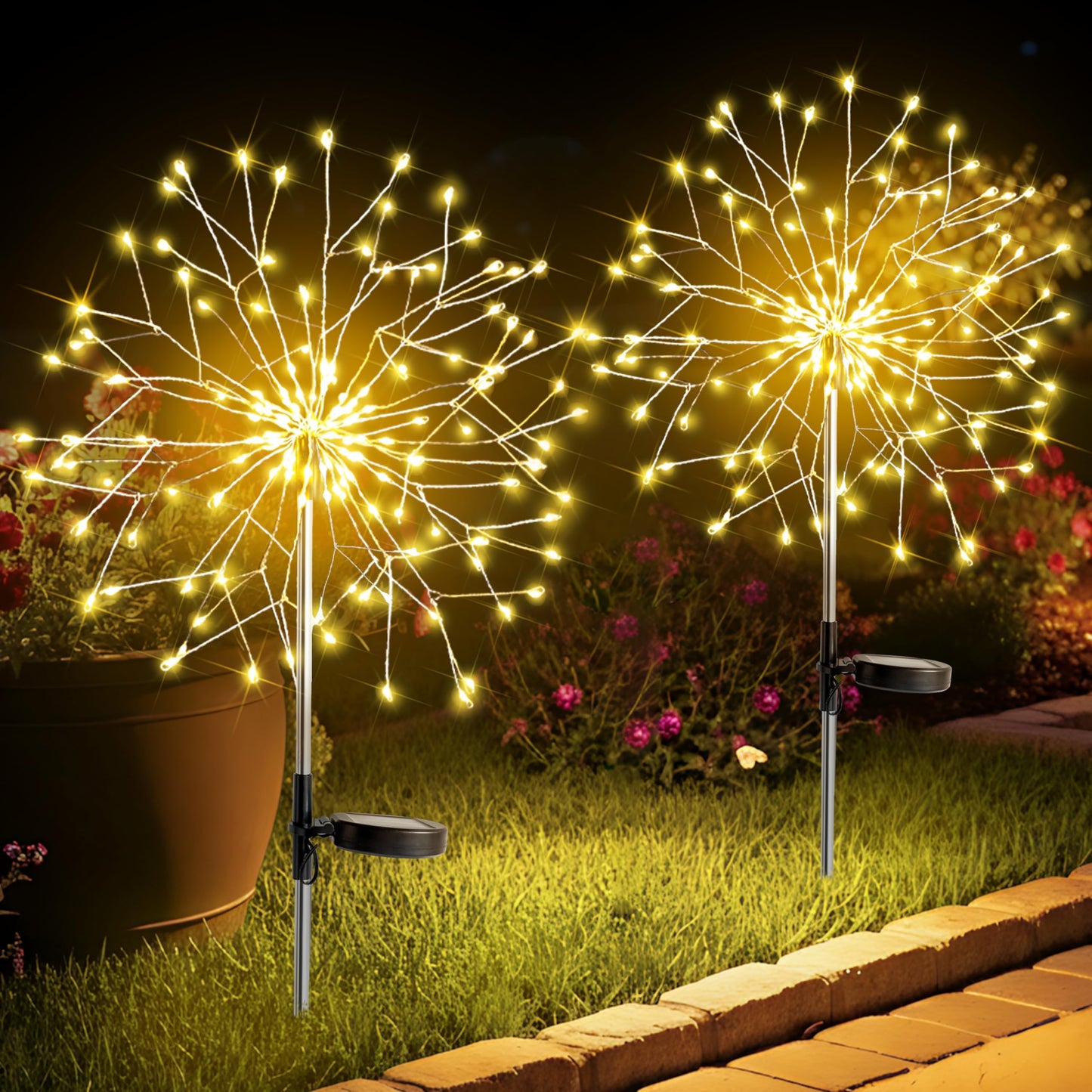 suddus Solar Garden Lights Outdoor Waterproof Decorative, Upgrade 2Pack 150LED Firework Lights, Solar Fairy Lights for Yard, Garden, Party, Patio, Pathway, Flowerbed - Warm White