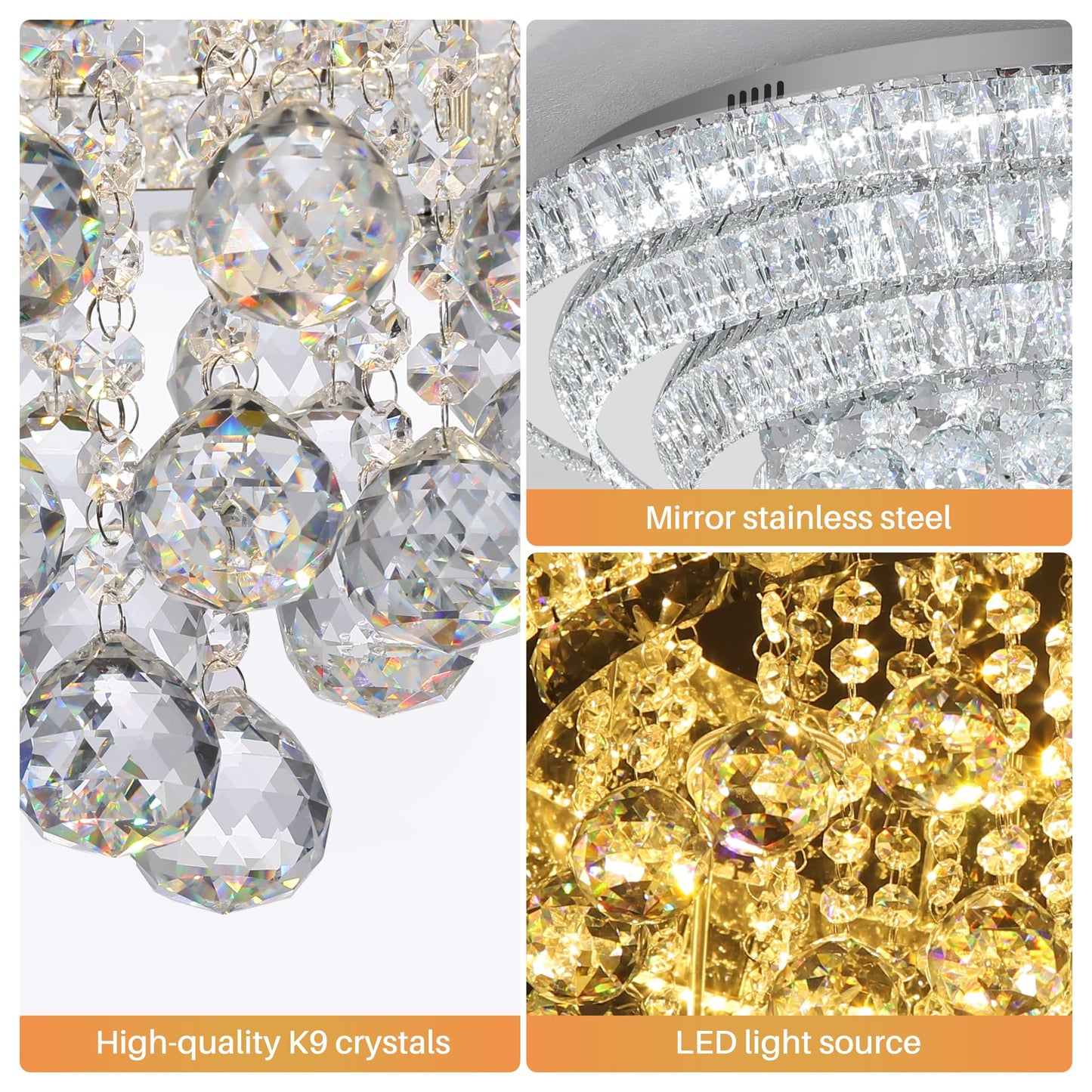 Miuyhji LED Crystal Raindrop Ceiling Light, 30in Dimmable Flush Mount Chandelier, Silver, SUS304/K9 Crystal, Remote Control