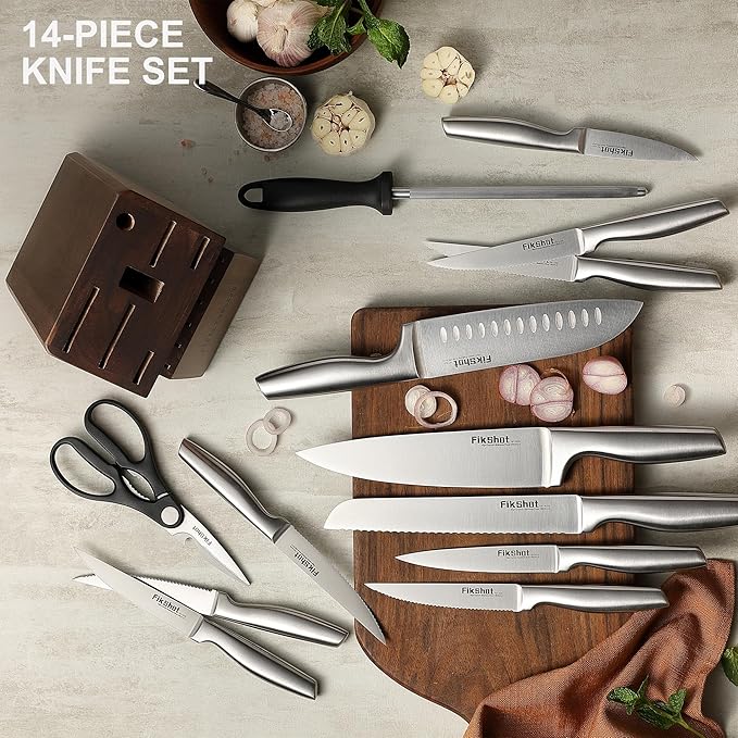 Knife Block Set, Kitchen Knife Sets with Block, FIKSHOT Knives Set - Razor-Sharp Santoku Knives, Fruit and Kitchen Sets - Rust Resistant for Homecooks (Silver + Walnut)