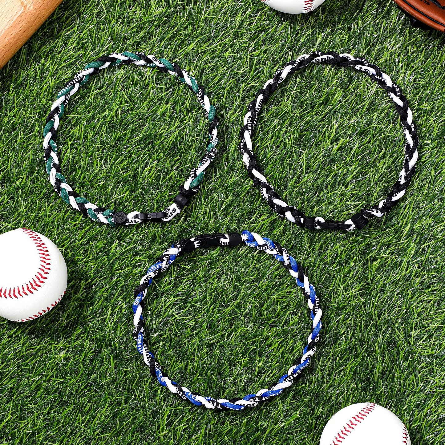 Junkin 3 Pcs Baseball Necklaces Three Braided Rope Titanium Necklace for Team Gifts Boys Men Player Softball Fans Sports (Bright