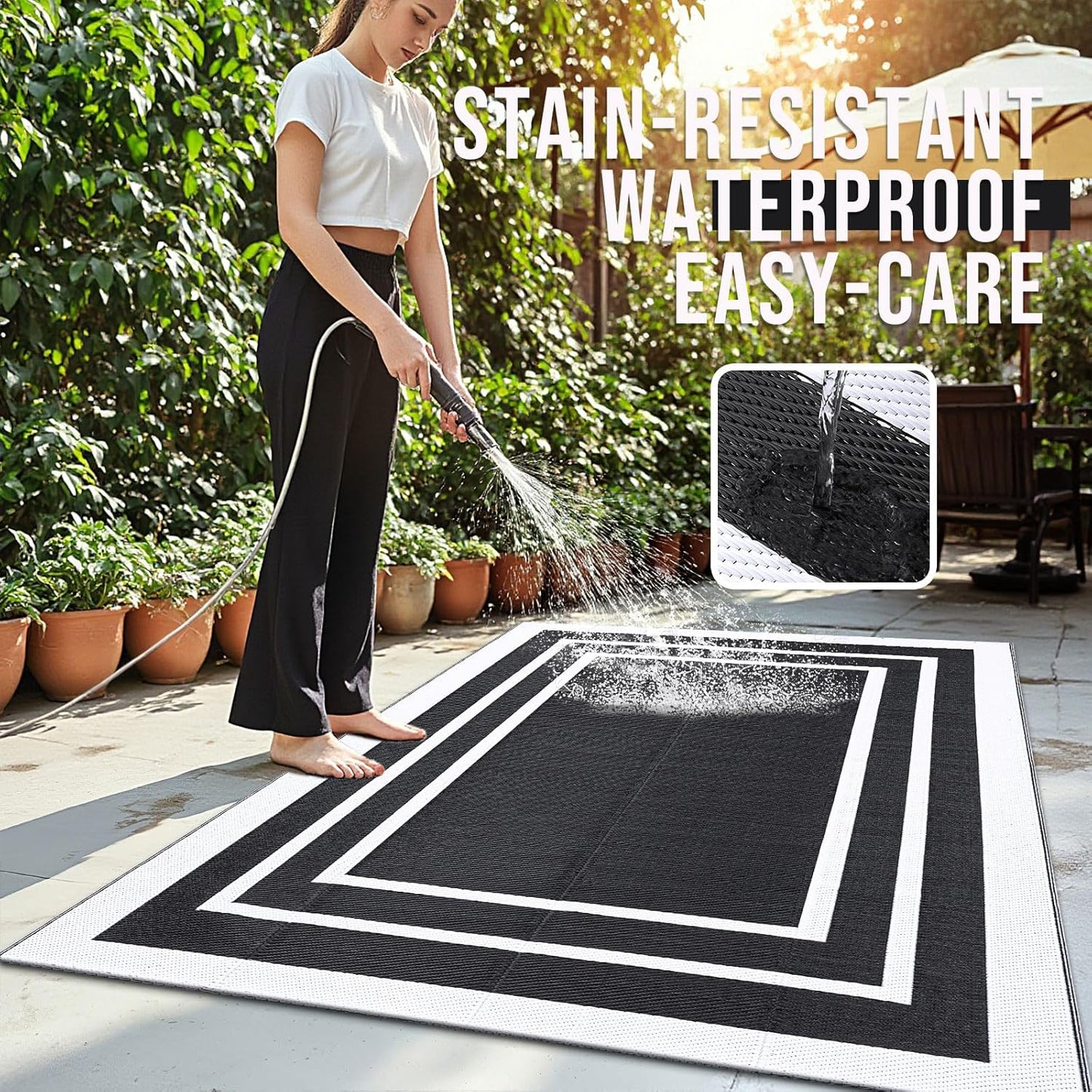 OLANLY Outdoor Rug 5x8 ft Waterproof, Reversible Outdoor Plastic Straw Rug, RV Mat, Indoor Outdoor Carpet Clearance for Patio, Camping, Balcony, Deck, Backyard, Black & White