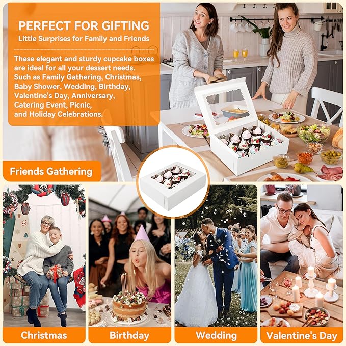 3-Set Cupcake Boxes Bulk with Clear Display Window Hold 12 Standard Cupcakes, Disposable Food Grade White Cupcake Carrier Cupcake Container, Perfect for Cupcakes Muffins Cookies Pastries